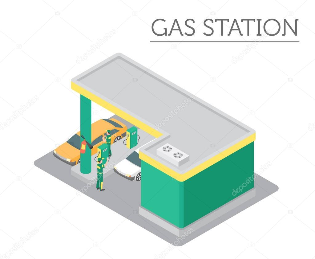 Flat 3d isometric Gas station and city map constructor elements 