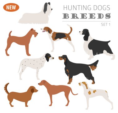 Köpek doğurmak avcılık üzerine beyaz izole Icon set. Düz stil