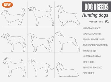Köpek doğurmak avcılık üzerine beyaz izole Icon set. Anahat, doğrusal 