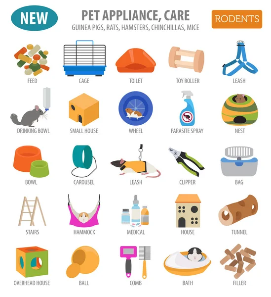 Pet appliance icon set flat style isolated on white. Rodents car — Stock Vector