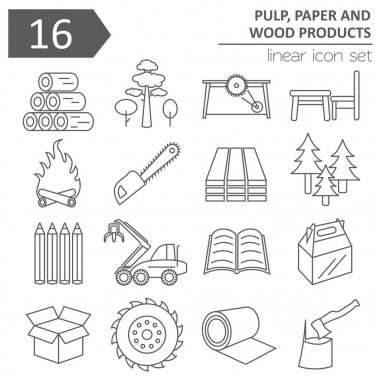 Kağıt hamuru, kağıt ve ağaç ürünleri Icon set. İnce çizgili Tema izole