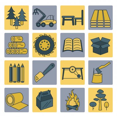 Kağıt hamuru, kağıt ve ağaç ürünleri Icon set. İnce çizgili Tema izole