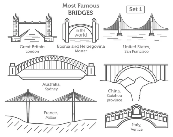 Most famous bridges in the world. Landmarks linear style ison se — Stock Vector