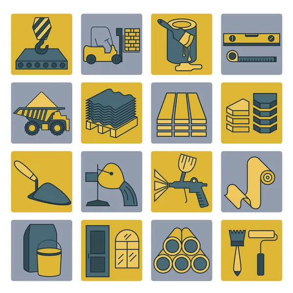 Conjunto de iconos de materiales de construcción y acabado. Diseño de línea delgada — Vector de stock