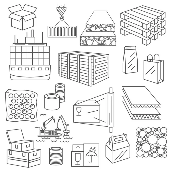 Containers e conjunto de ícone de embalagem. Projeto de linha fina isolado em — Vetor de Stock
