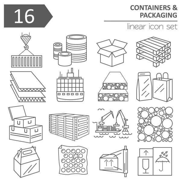 Containers e conjunto de ícone de embalagem. Projeto de linha fina isolado em —  Vetores de Stock