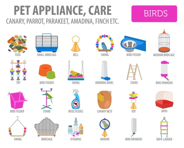 Ícone de aparelho de estimação definir estilo plano isolado no branco. Aves cuidado — Vetor de Stock