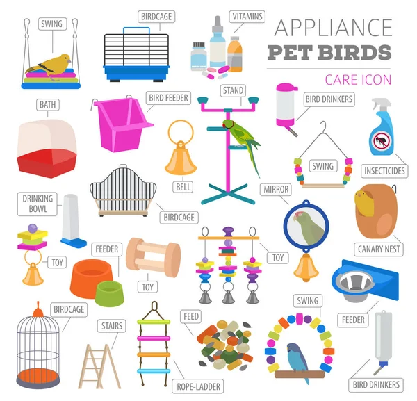 Pet appliance icon set flat style isolated on white. Birds care — Stock Vector