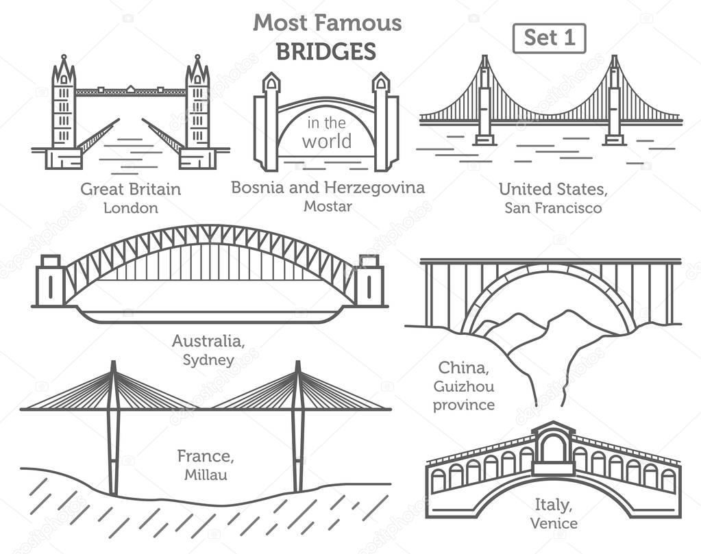 Most famous bridges in the world. Landmarks linear style ison se