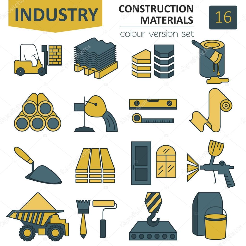 Construction and finishing materials icon set. Thin line design 