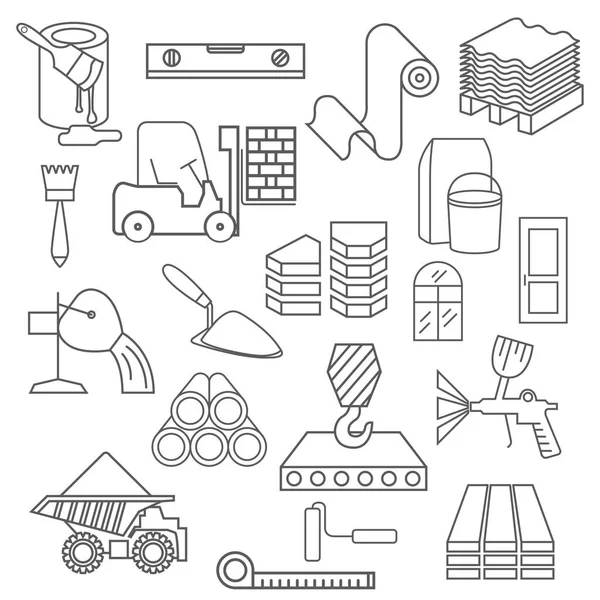 Conjunto de iconos de materiales de construcción y acabado. Diseño de línea delgada — Vector de stock