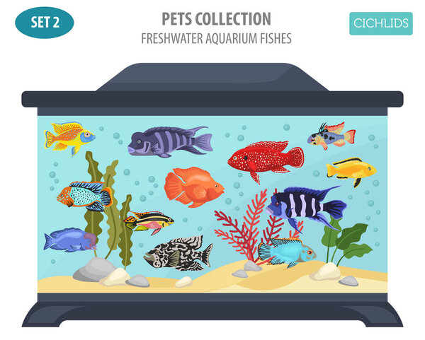 Рыбы пресноводный аквариум порождает иконку набор плоский стиль изолирован о
