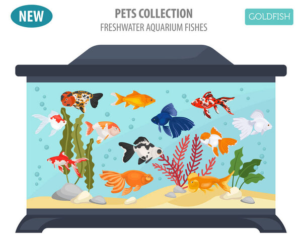 Рыбы пресноводный аквариум порождает иконку набор плоский стиль изолирован о
