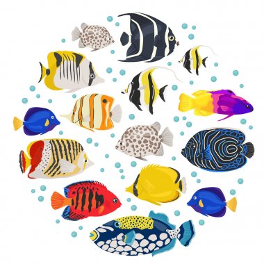 Tatlı su akvaryum balık üzerinde düz stil izole Icon set yayılış gösterirler. 