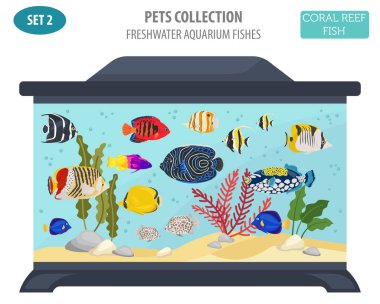 Tatlı su akvaryum balık üzerinde düz stil izole Icon set yayılış gösterirler. 