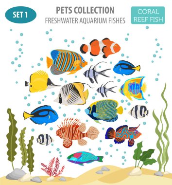 Tatlı su akvaryum balık üzerinde düz stil izole Icon set yayılış gösterirler. 