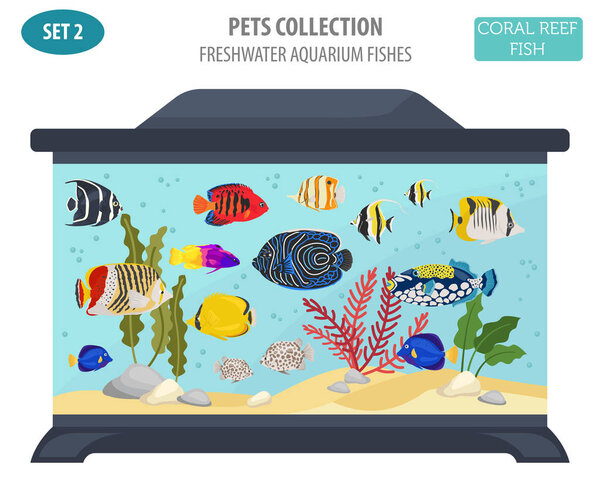 Рыбы пресноводного аквариума порождают иконки плоского стиля, изолированные на
 