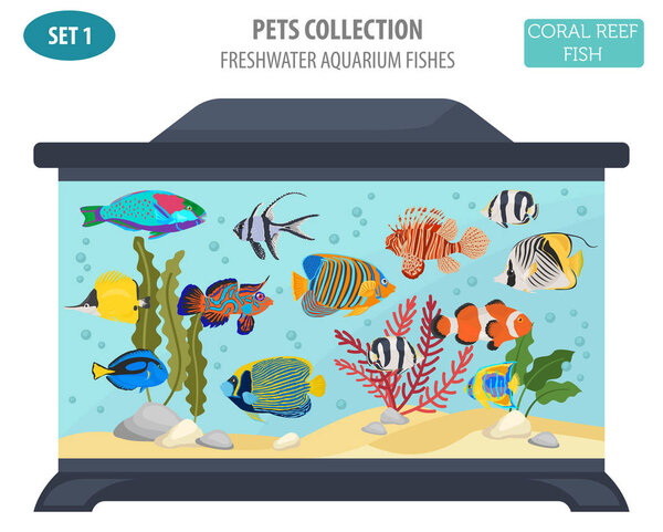 Рыбы пресноводного аквариума порождают иконки плоского стиля, изолированные на
 