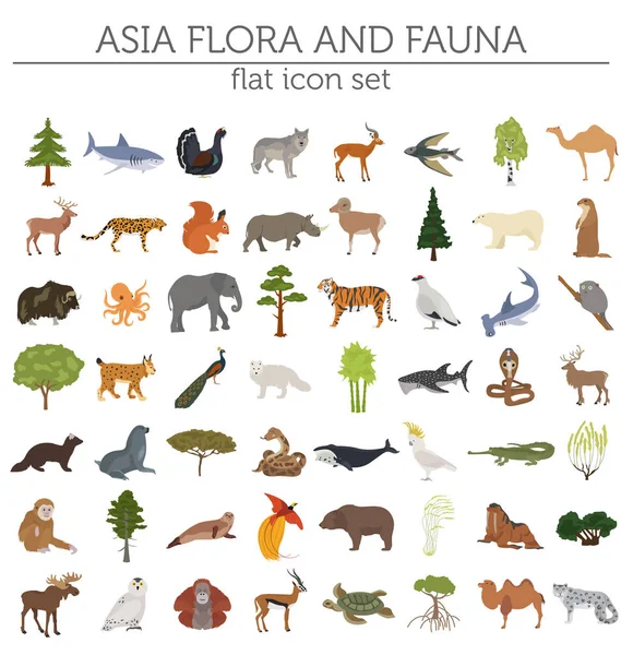 Plana Asiática flora e fauna mapa elementos construtor. Animais, bi — Vetor de Stock
