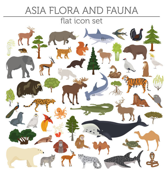 Flat Asian flora and fauna map constructor elements. Animals, bi