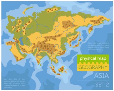 Flat Asia physical map constructor elements on the water surface clipart