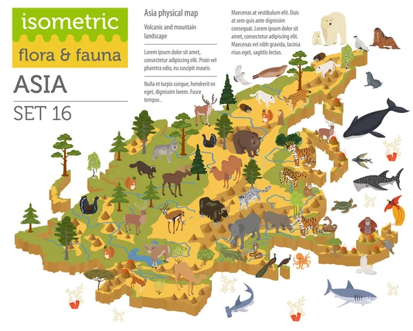 Isometrisk 3d asiatisk flora och fauna kartelement konstruktören. Ani — Stock vektor