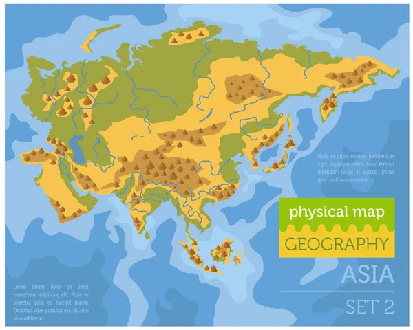 Asia piatta elementi costruttivi mappa fisica sulla superficie dell'acqua — Vettoriale Stock