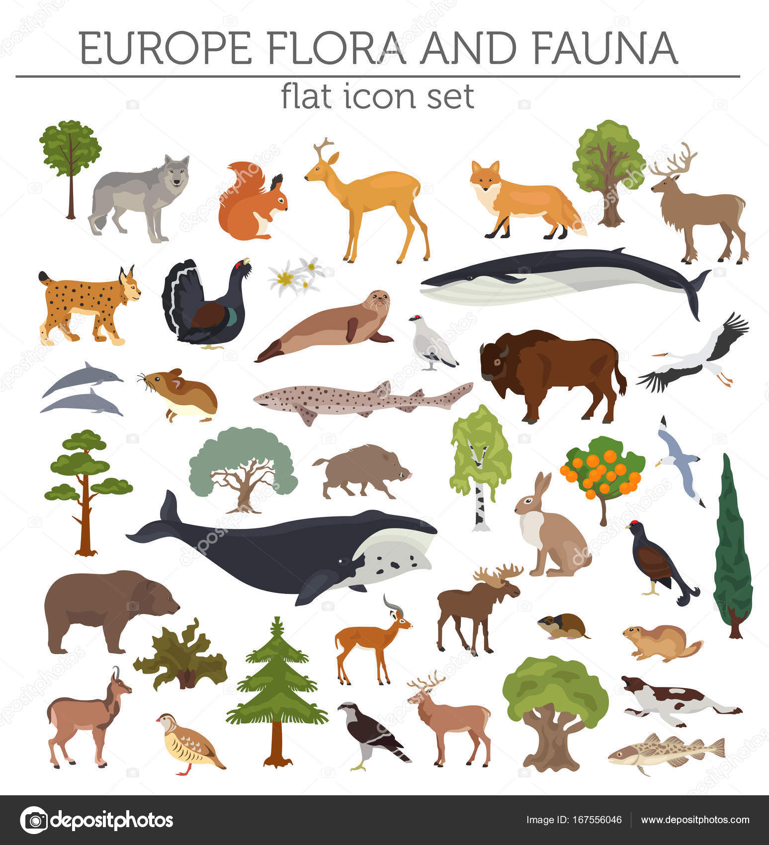 Flat European flora and fauna map constructor elements. Animals, Stock  Vector Image by ©A7880S #167556046