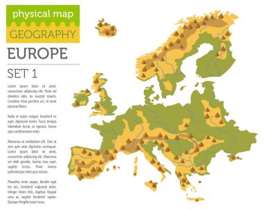 Düz Europe fiziksel harita Oluşturucu öğeleri üzerinde beyaz izole.
