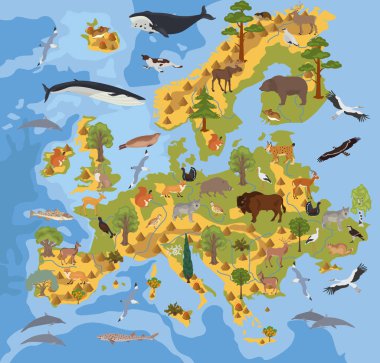 Düz Avrupa flora ve fauna Oluşturucu öğeleri eşleyin. Hayvanlar, kuşlar ve deniz yaşamının büyük beyaz izole ayarlayın. Kendi Coğrafya infographics koleksiyonu oluşturmak