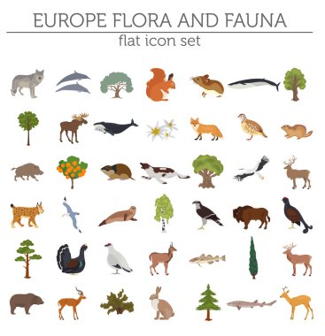 Düz Avrupa flora ve fauna Oluşturucu öğeleri eşleyin. Hayvanlar,