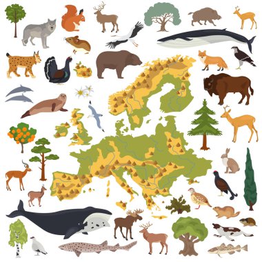 Düz Avrupa flora ve fauna Oluşturucu öğeleri eşleyin. Hayvanlar,