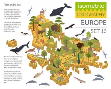 İzometrik 3d Avrupa flora ve fauna Oluşturucu öğeleri göster. 