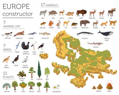 Isometric 3d European flora and fauna map constructor elements. 