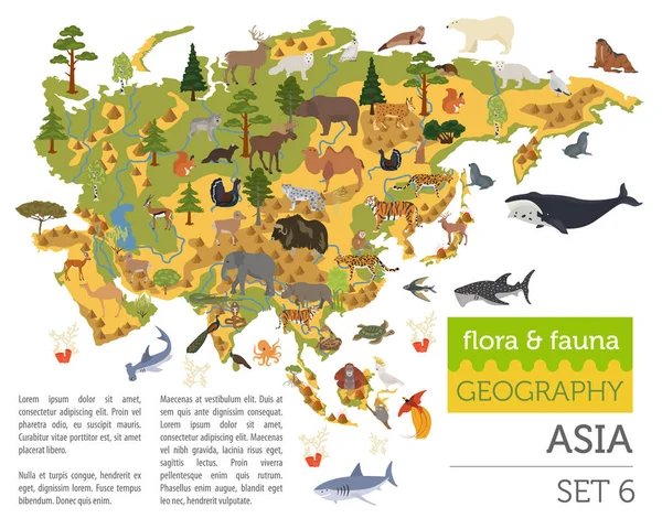 Plana flora y fauna asiática mapa elementos constructores. Animales, bi — Vector de stock
