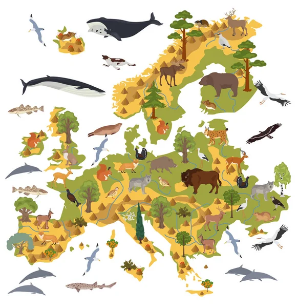 Plana flora y fauna europea mapa elementos constructores. Animales. , — Vector de stock