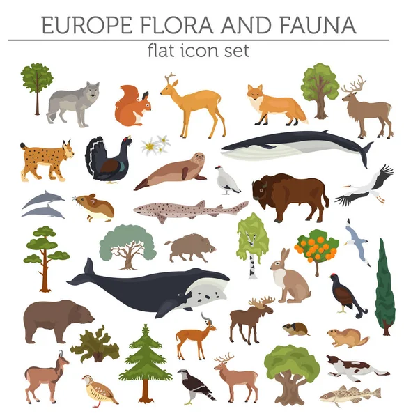 Plat Europese flora en fauna toewijzen constructor elementen. Dieren, — Stockvector