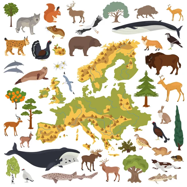 Düz Avrupa flora ve fauna Oluşturucu öğeleri eşleyin. Hayvanlar, — Stok Vektör