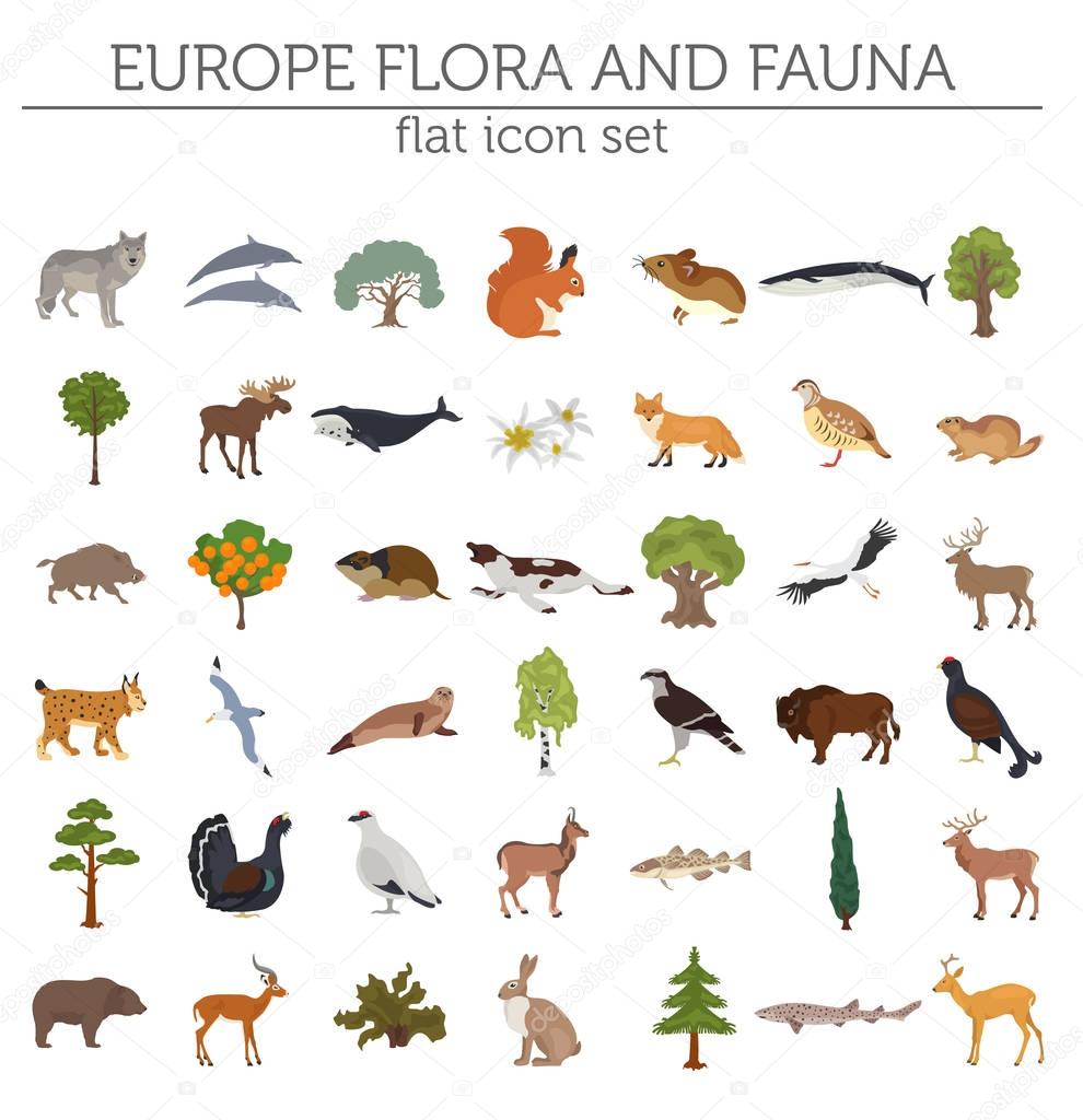 Flat European flora and fauna map constructor elements. Animals,