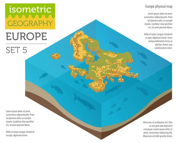 Isometrische 3D-Europa physikalische Kartenkonstrukteurselemente auf dem Wat — Stockvektor