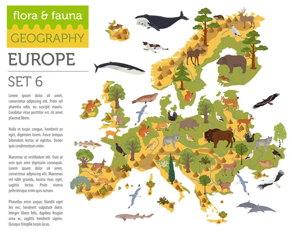 Piatto europeo flora e fauna mappa elementi costruttivi. Animali da compagnia , — Vettoriale Stock