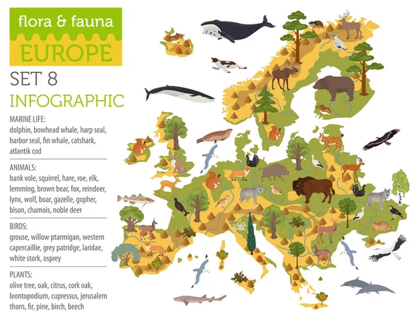 Flat European flora and fauna map constructor elements. Animals, — Stock Vector