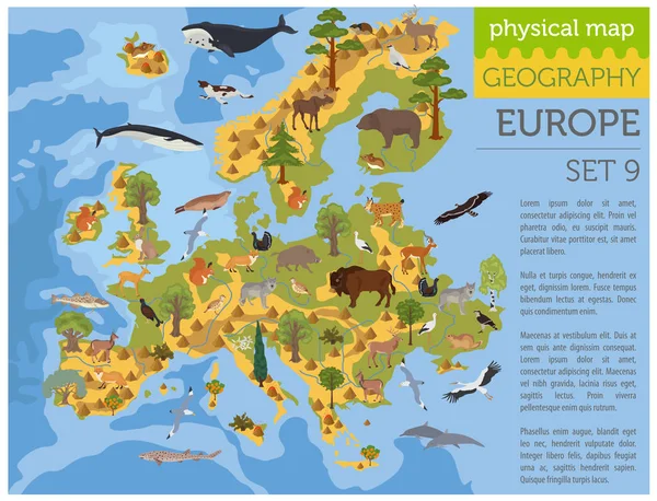 Piatto europeo flora e fauna mappa elementi costruttivi. Animali da compagnia , — Vettoriale Stock