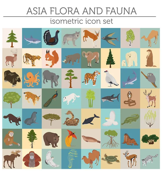 Isometrische 3d Aziatische flora en fauna toewijzen constructor elementen. Ani — Stockvector