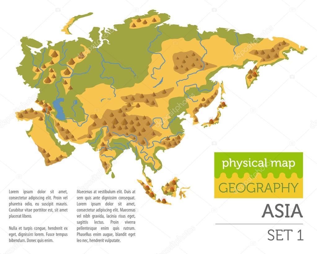 Flat Asia physical map constructor elements isolated on white. B