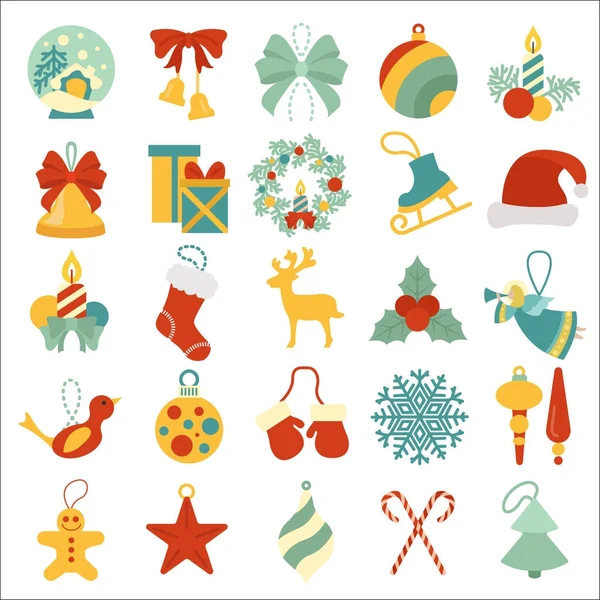 Boże Narodzenie, nowy rok wakacje ikona duży zestaw. Kolekcja płaski — Wektor stockowy