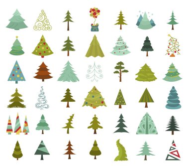 Noel ağacı Icon set. Düz izole. Yeni yıl kış c