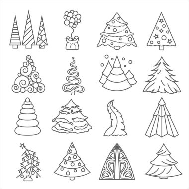 Noel ağacı Icon set. Düz izole ince çizgili Tema. Yeni Evet
