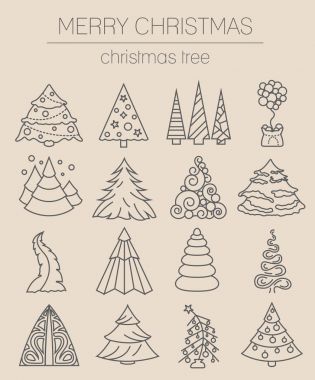 Noel ağacı Icon set. Düz izole ince çizgili Tema. Yeni Evet
