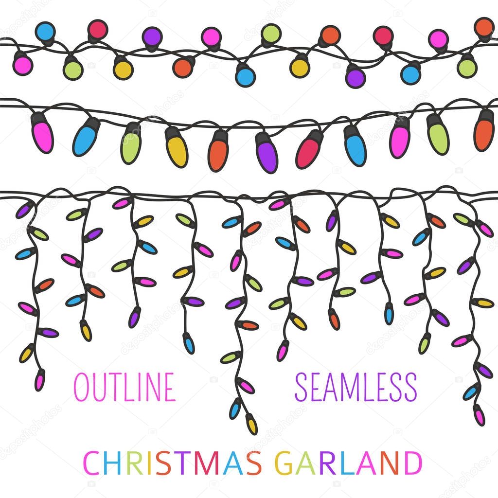Christmas light garlands set. Outline isolated design seamless p